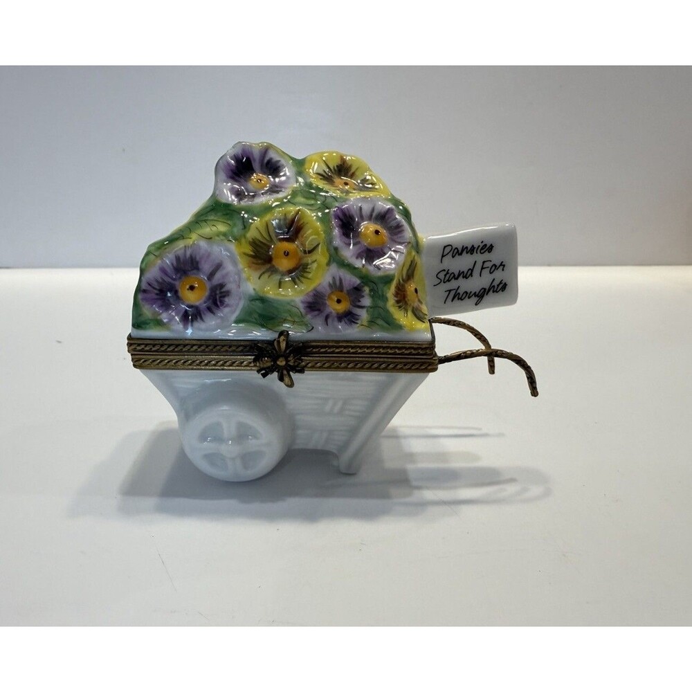 LIMOGES Rochard France Trinket Box Pansy Cart Wheelbarrow Flowers Bee Clasp